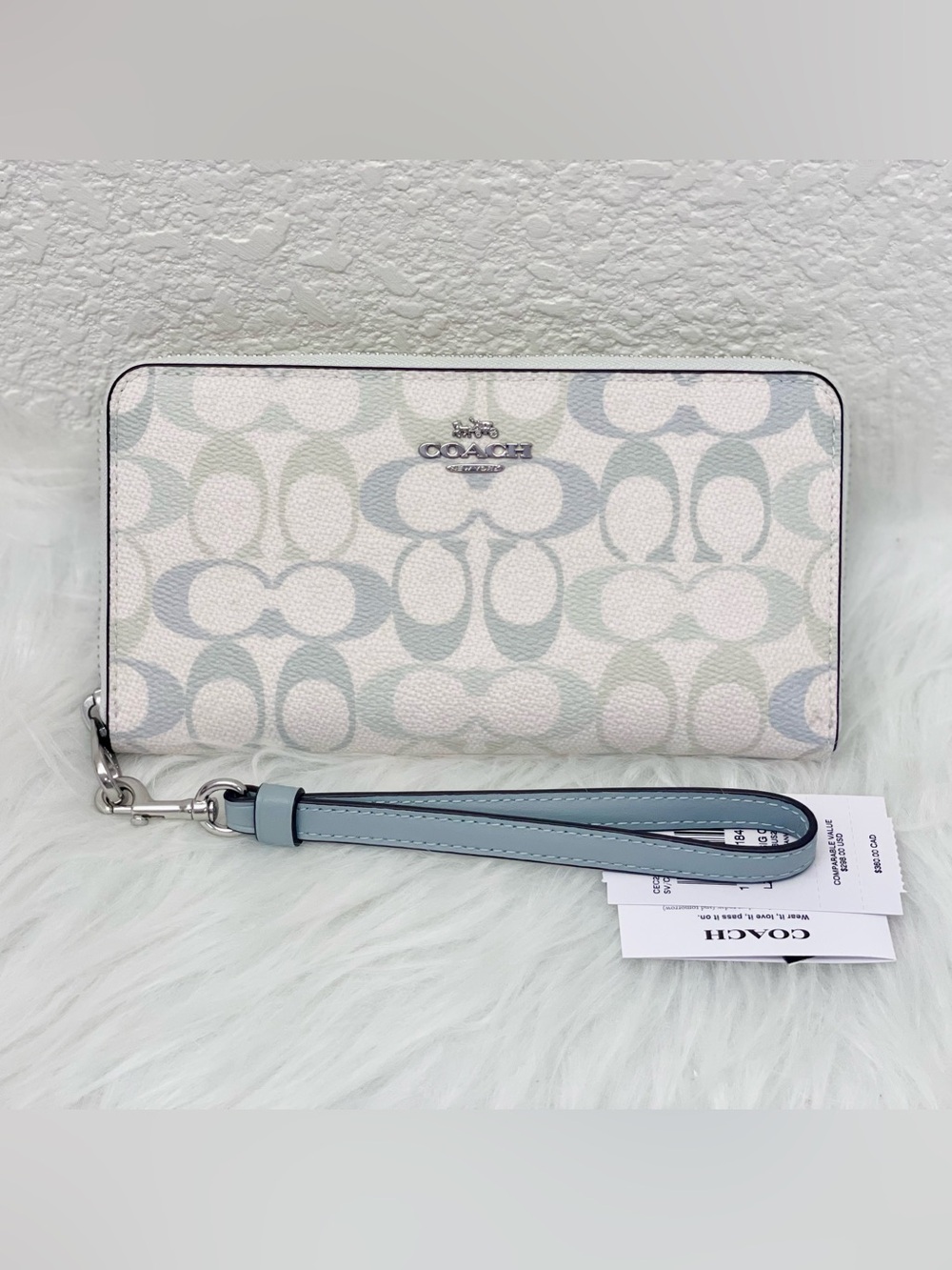 NWT Coach Long Zip Around Wallet CEC22 Signature Canvas SV/CHALK/BLUE